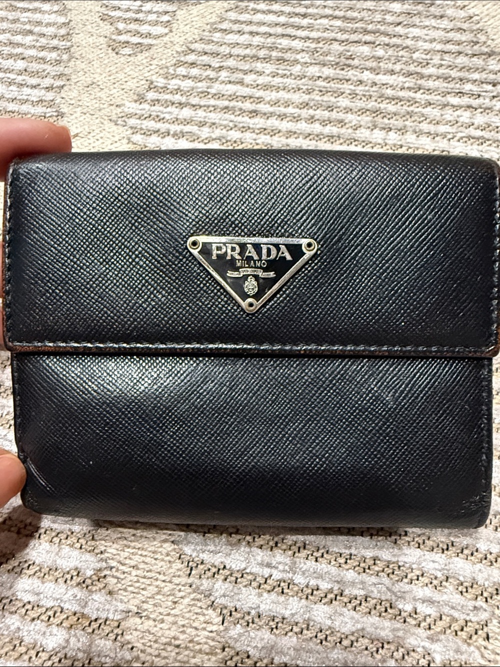 Prada Black Saffiano Leather Trifold Wallet with Logo Plaque